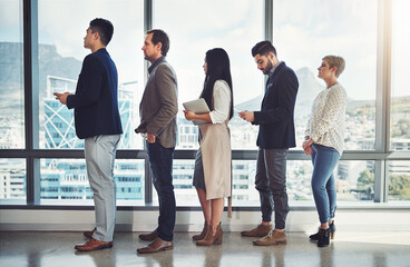 Staff, diversity and tablet in waiting room as candidates, job opportunity and interview for...