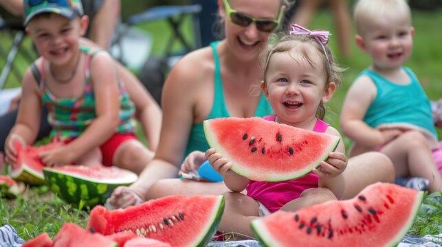 Families enjoying National Watermelon Day on August 3rd, having picnics and watermelon-themed activities, highlighting summer fun