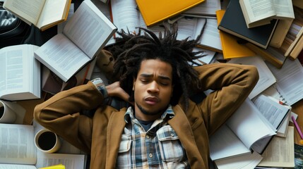 exhausted student surrounded by textbooks and coffee cups, highlighting the pressure and dependency on stimulants