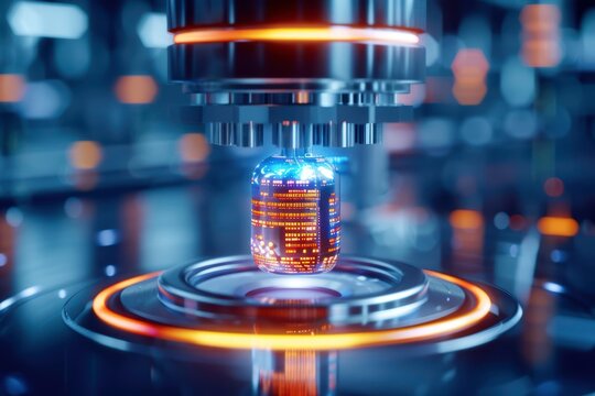 Futuristic quantum computer chip with neon lights, representing advanced technology and innovation in a high-tech lab setting.