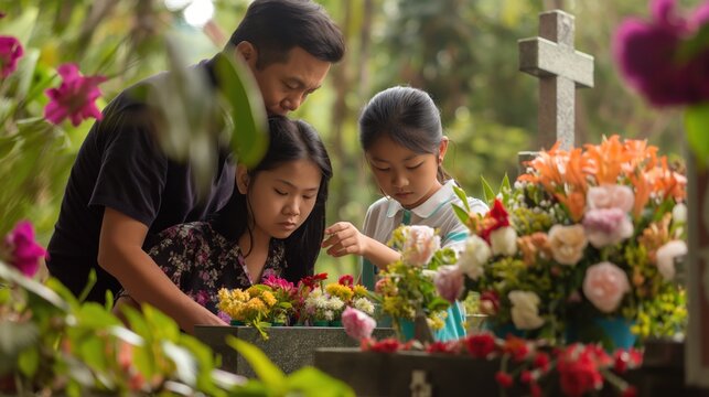 Family visits a loved ones grave, placing flowers and reciting prayers The cemetery is serene and respectful, honoring the memory of those who have passed