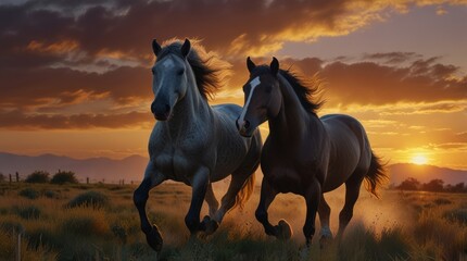 Horses Galloping at Sunset