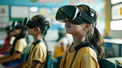 Futuristic classroom with students using VR headsets for learning The use of virtual reality in education transforms the learning experience, making it immersive and interactive