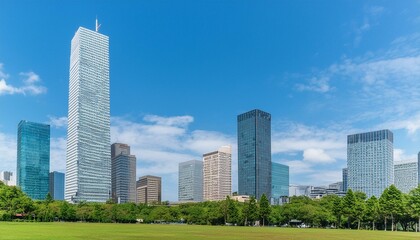 Obraz premium Panoramic view of a modern city skyline with skyscrapers and blue sky. 