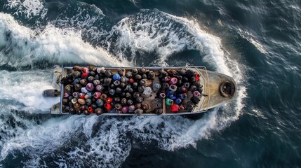 Group of migrants being transported on a crowded boat, highlighting the perilous journeys undertaken to escape danger