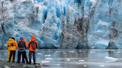 Group of scientists studying glacier retreat, emphasizing the importance of research in understanding and combating climate change