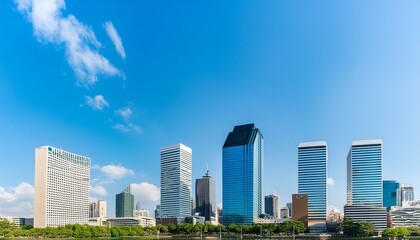 Fototapeta premium Panoramic view of a modern city skyline with skyscrapers and blue sky. 