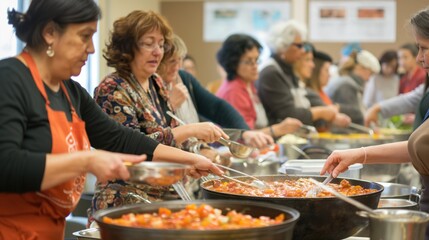 Group of women cooks a large meal for a community gathering, working together in a bustling kitchen The atmosphere is filled with laughter, delicious aromas, and teamwork
