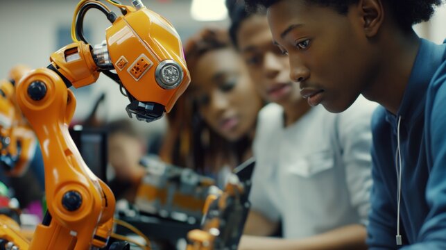 group of students in a technical classroom, learning about robotics, showcasing the future of technical education