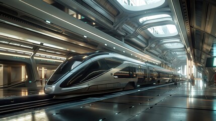 Fototapeta premium High-speed train in a futuristic station The advancements in transportation technology are revolutionizing travel, making it faster