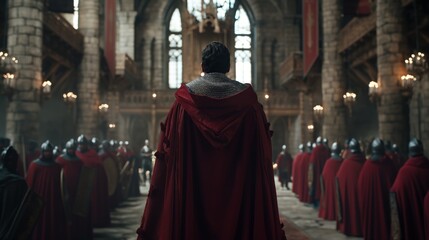 medieval king addressing his knights in a grand hall, illustrating the power dynamics and loyalty in the feudal system