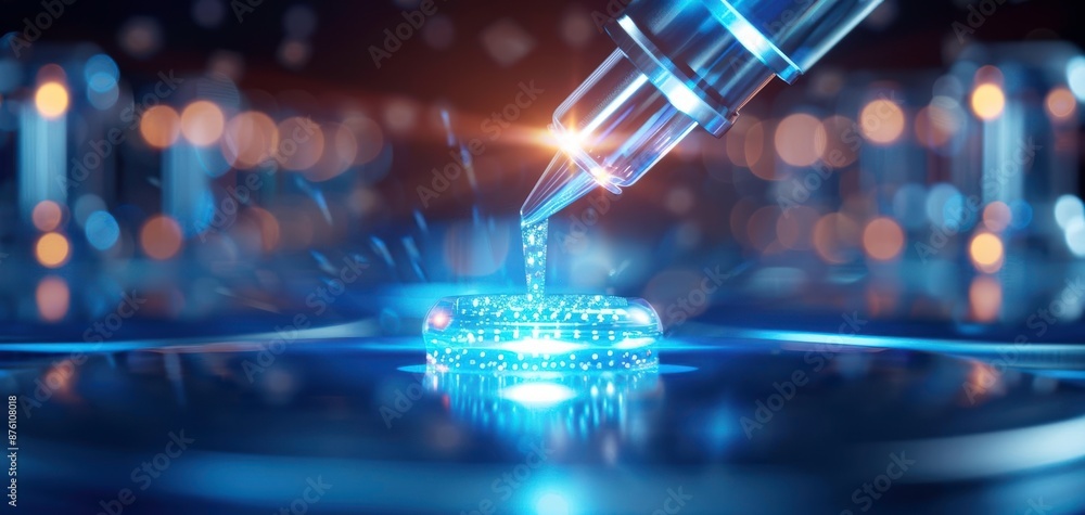 Poster high-tech futuristic concept with a robotic arm working on a glowing microchip, illustrating advance
