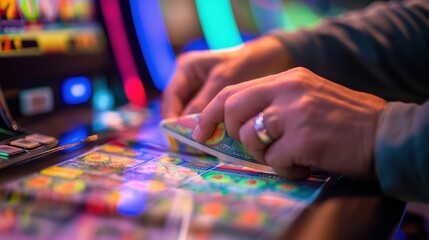 person nervously checking lottery tickets, representing the anxiety and hope tied to gambling addiction