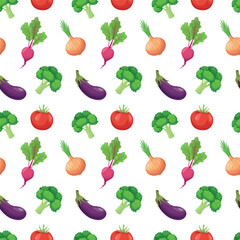 Seamless pattern with fresh vegetables - eggplants, broccoli, onions, beets on a white background. Can be used for tablecloths, wrapping paper, wallpaper, stationery. Vector illustration.