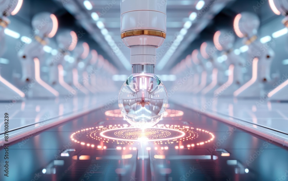 Poster high-tech robotic arm working in futuristic laboratory with advanced technology and glowing lights, 