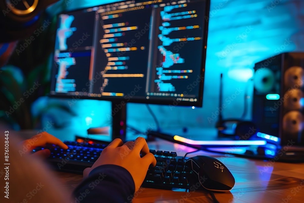 Poster close-up of hands typing on a keyboard in a gaming setup
