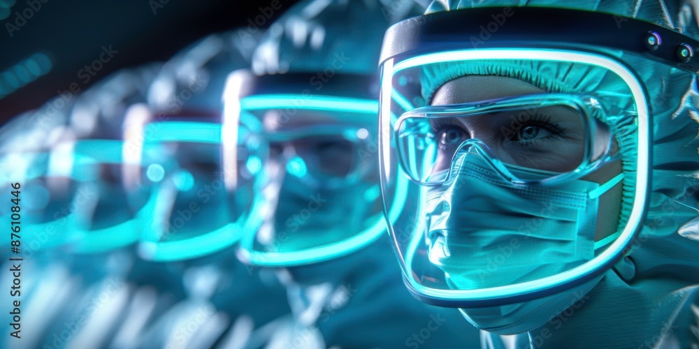 Poster row of scientists in protective suits and masks working in advanced laboratory, reflecting futuristi