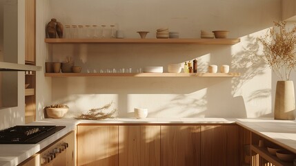 Minimalist kitchen with wooden open shelves and natural light
