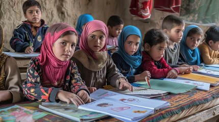 Refugees attending a makeshift school, emphasizing the importance of education for displaced children and their future prospects