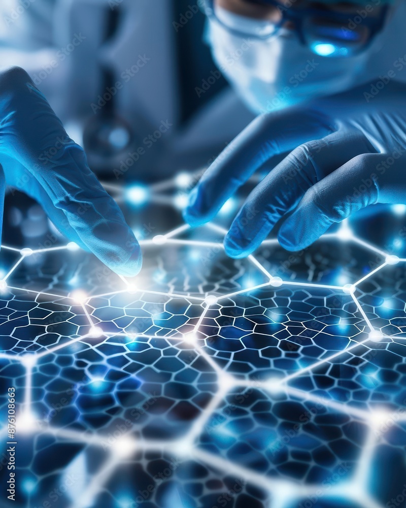 Poster scientist in gloves working on futuristic hexagonal technology interface. concept of advanced scienc