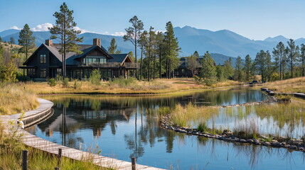 Obraz premium Mountain retreat where guests practice mindfulness while hiking along tranquil trails, surrounded by the beauty of nature