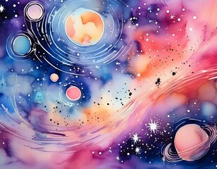 Vibrant watercolor painting of a galaxy with abstract planets, blending pink, purple, and blue hues. Perfect for artistic and space-themed designs. 