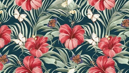 Vintage floral seamless pattern. Tropical wallpaper with hibiscus flowers, palm leaves, butterflies. Luxury botanical background. Hand drawn, 3d illustration. Premium design for wallpaper, fabric