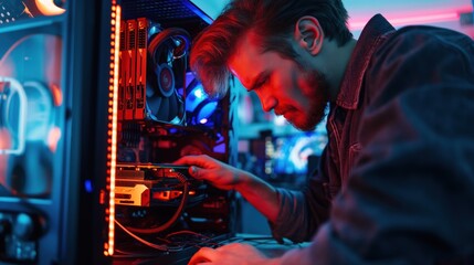 Technician repairing a computer in a sleek office, showcasing the skills and expertise required in IT support