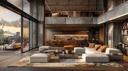 An open-concept living and dining area with contemporary furnishings, rendered in exquisite high-definition detail.