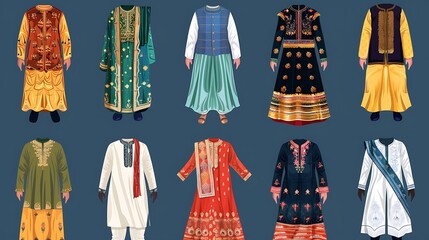 A vibrant vector illustration of traditional Pakistani clothing, showcasing the diversity of regional attire.