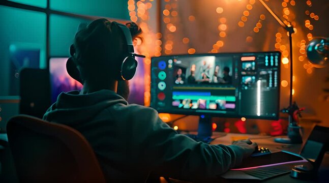 A person sitting in front of a computer monitor, focused on video editing for content creation