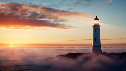 A lighthouse stands tall on the coastline as the sun sets, casting a serene glow over the misty ocean.