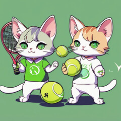a two anime cats are playing tennis holding tennis green ball, the clothing with ring