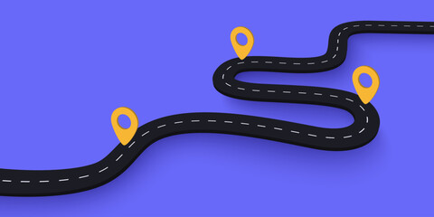 Modern flat road map and journey route infographics template. Simple vector 3d winding road with pin pointer 3d icon illustration. Flat vector illustration