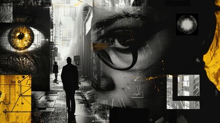 Collage featuring a close-up of a yellow eye, a person walking in a city alley, a face with glasses, and various abstract elements such as a circular pattern, geometric shapes, and alphanumeric codes