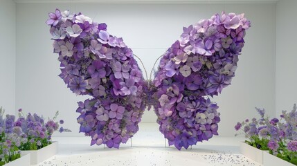 Large, artistic butterfly sculpture made from a variety of purple flowers, with a mirror in the center reflecting the sculpture