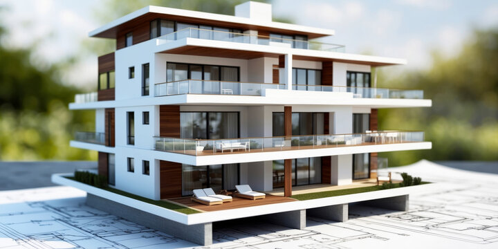 3D model of a stylish modern luxury house on architectural blueprints. For real estate marketing, architectural design presentations, or property development concepts.