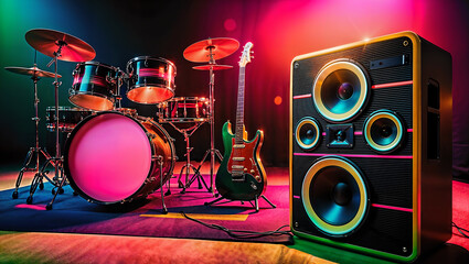 Drum kit, electric guitar, and vintage speaker bathed in vibrant neon lighting. For music related content, concert promotions, or retro themed designs in advertising and social media.