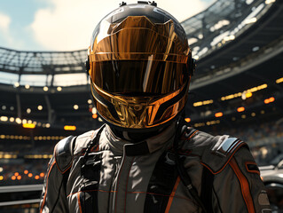 Fototapeta premium A futuristic racer wearing a streamlined helmet and protective armor stands confidently in front of a massive stadium.