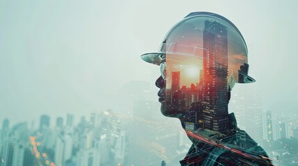 Double exposure image of engineer and urban cityscape, architectural backdrop