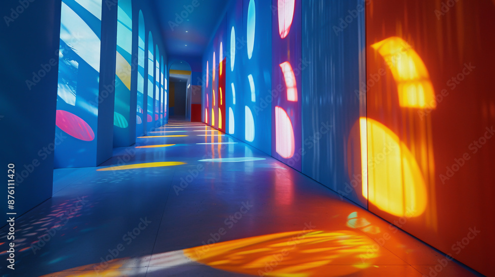Poster bright lights and shadows create abstract patterns in a colorful blue room.