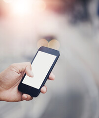 Person, hand and blank screen or phone in city, website and scroll on social media or online shopping. Fingers, mockup space and empty display for app, notification and promo for ui or ux marketing