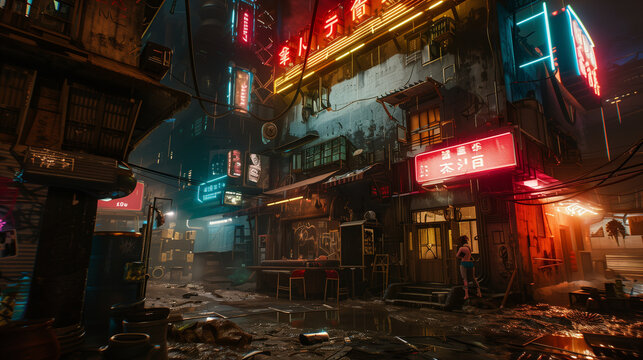 A futuristic urban alley illuminated by neon signs and lights, depicting a cyberpunk cityscape at night