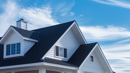 House with white siding and black roof against a beautiful blue sky