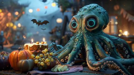 Obraz premium Animated octopus at a festive Halloween table with cake, pumpkins, and bats in a whimsical setting
