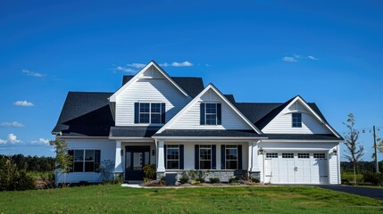 House with white siding and black roof beneath a clear blue sky