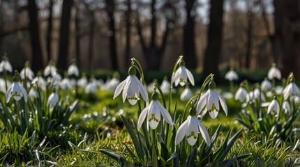 Obraz premium Blooming Snowdrops in Spring Forest