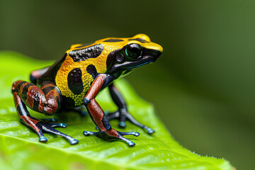 Fototapeta premium A brightly colored frog with black and yellow spots perches on a green leaf.