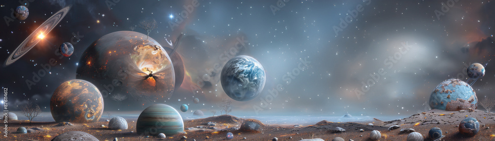 Sticker a space scene with a large planet in the center