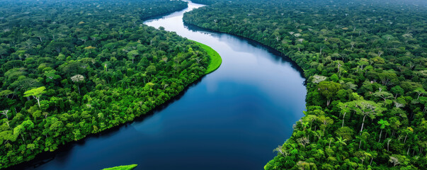 Naklejka premium The river flows through the middle of the jungle, the river is blue and the jungle is green.